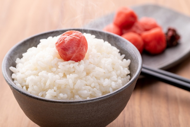 umebosh on bowl of white rice