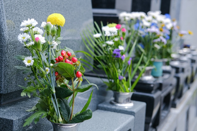 flowers left at graves for obon visiting