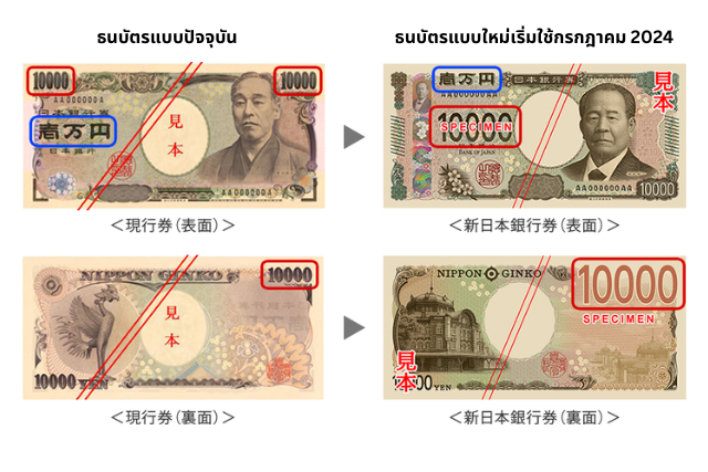 ภาพเปรียบเทียบธนบัตร 10,000 เยน แบบปัจจุบันและแบบใหม่