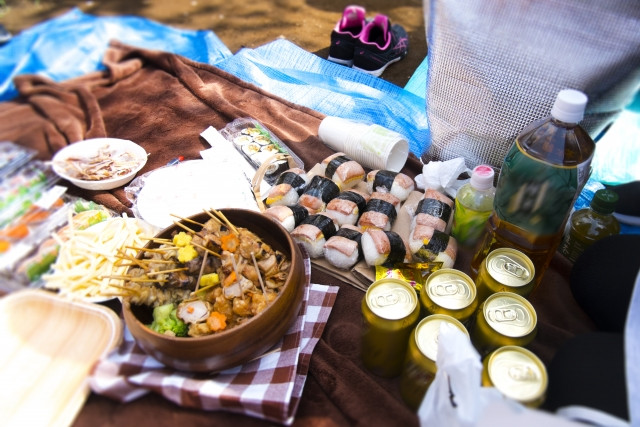hanami picnic spread with yakitori, beer, etc.