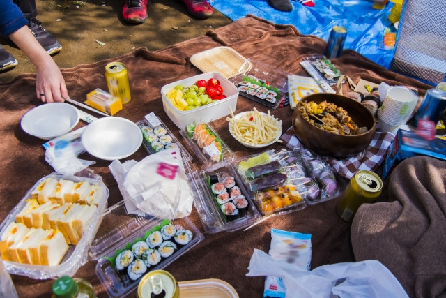 Hanami picnic spread with different types of food