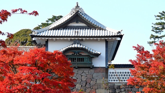 Castillo de Kanazawa y árboles momiji rojos