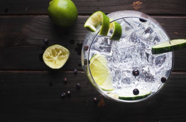 Glass of gin and tonic with limes and juniper berries
