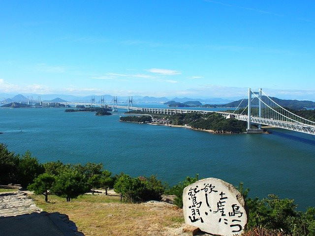 View of Kurashiki and river from top of Shimotsui Castle Ruins Hill