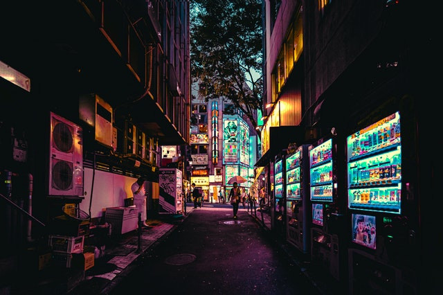 Japan alley with row of vending machines