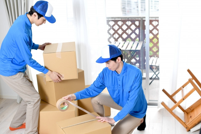 Moving company workers packing boxes
