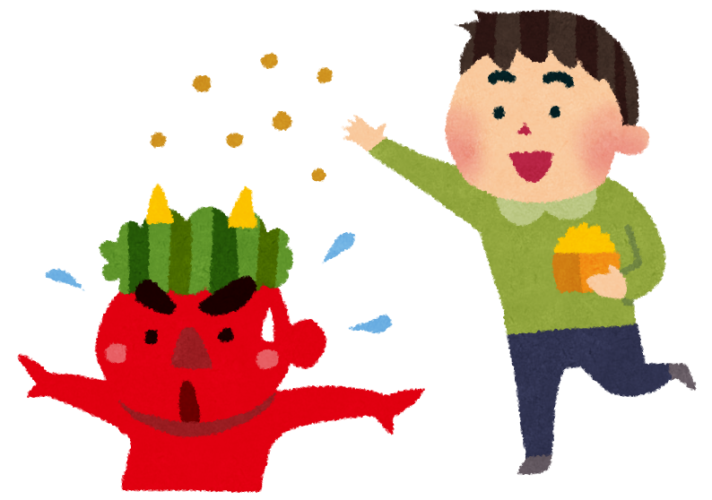 Man throwing beans at oni