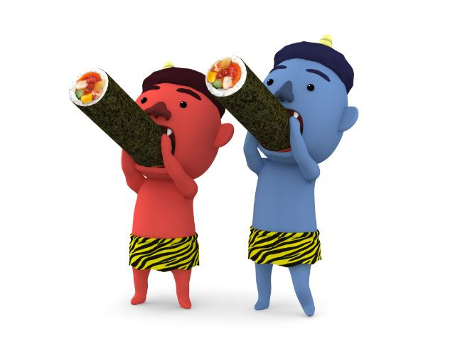 Red oni and blue oni eating ehomaki