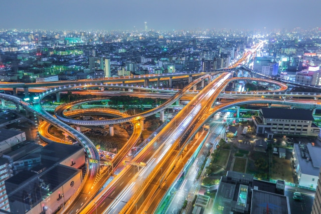 Nighttime aerial view of Osaka Highways