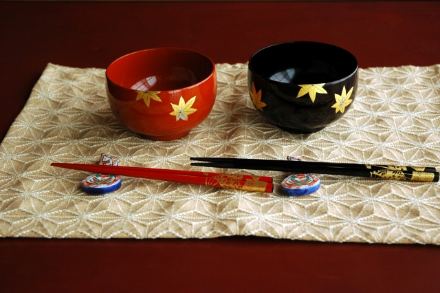 Pair of Wajima lacquer bowls and chopsticks