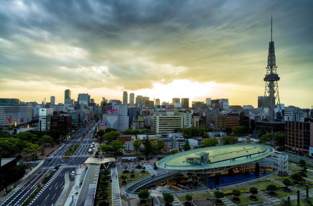 Aerial shot of Sakae with Oasis 21 and Nagoya TV Tower