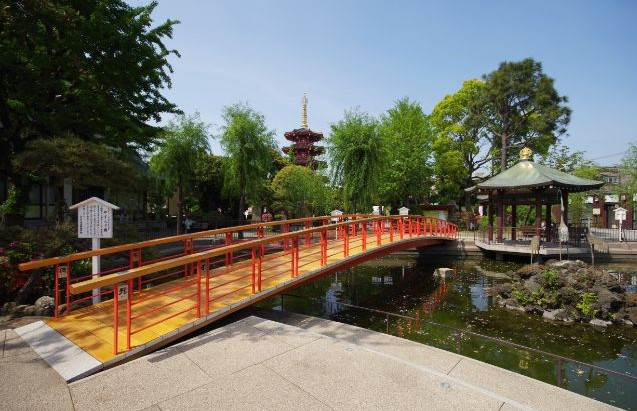 Five Story Pagoda and Red Bridge in Kawasaki Daishi