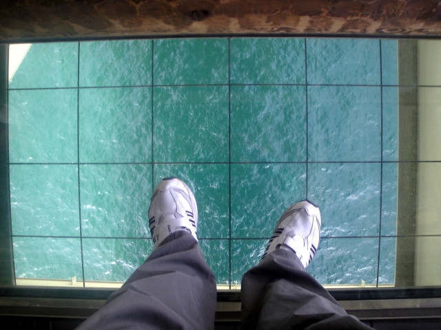 Looking down at Akashi Strait from Maiko Marine Promenade's glass floor
