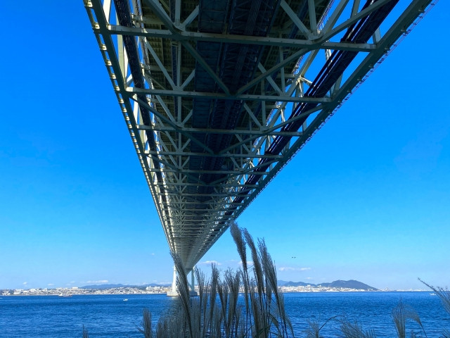 Underside view of steel structure Akashi Bridge