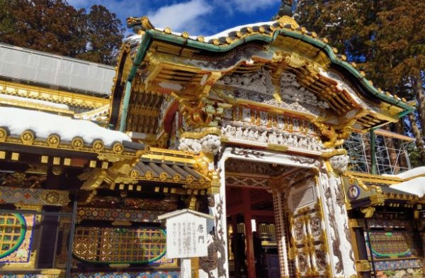 Grand heavily decorated shrine gate at Nikko Toshogu Shrine