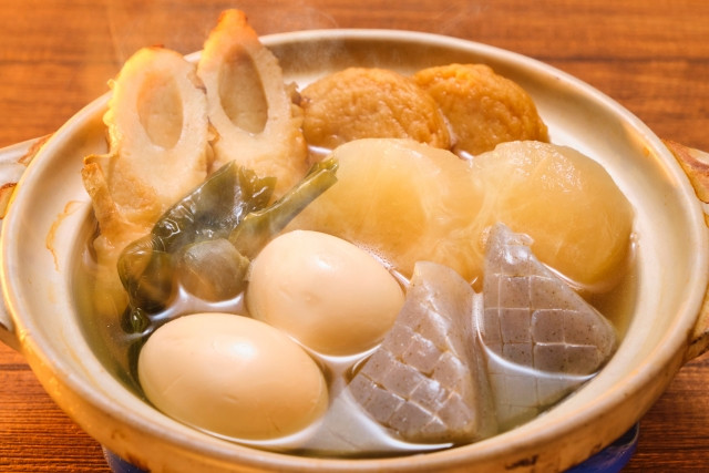 hot pot of oden, ingredients include eggs, konnyaku, chikuwa, etc.
