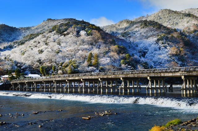 winter landscape in japan featuring wooden bridge and snowy mountains