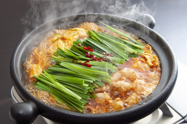 steaming hot pot of motsu nabe (offal hot pot)