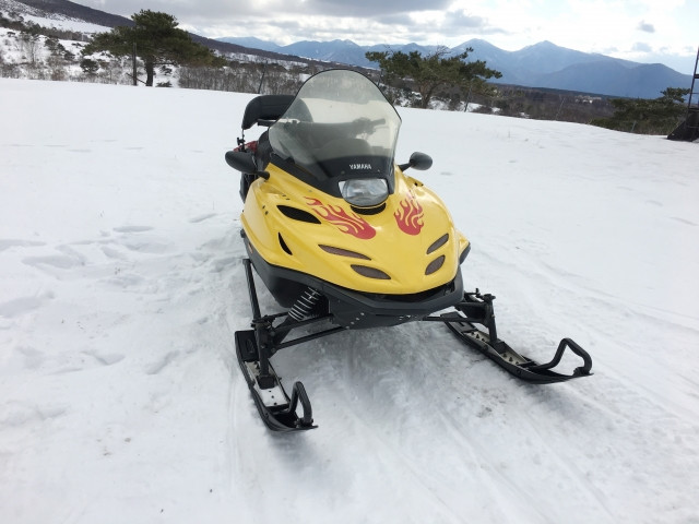 classy yellow snowmobile with fire design