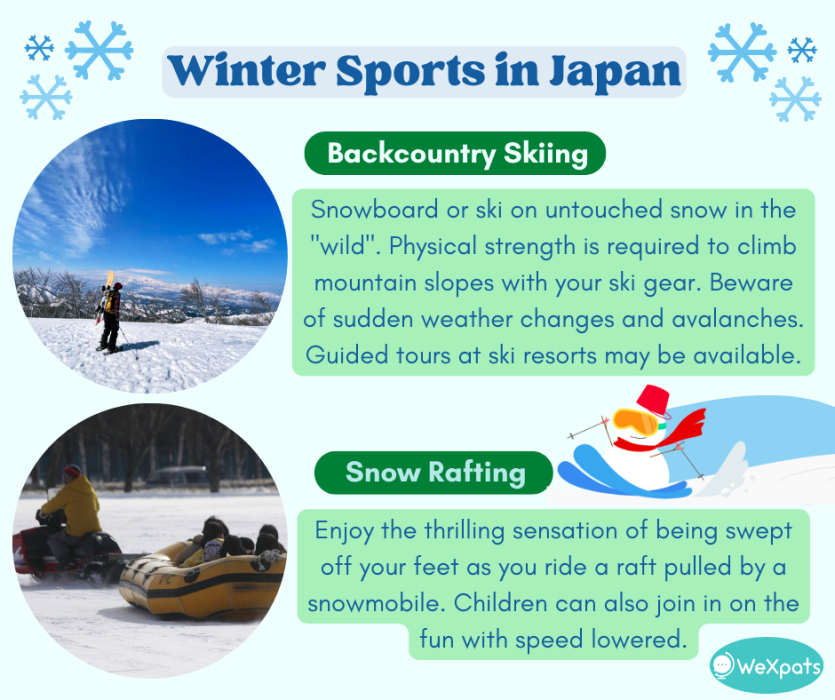winter sports in japan: backcountry skiing, snow rafting