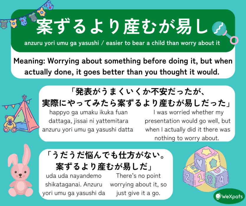japanese proverbs 案ずるより産むが易し / anzuru yori umu ga yasushi / easier to bear a child than worry about it