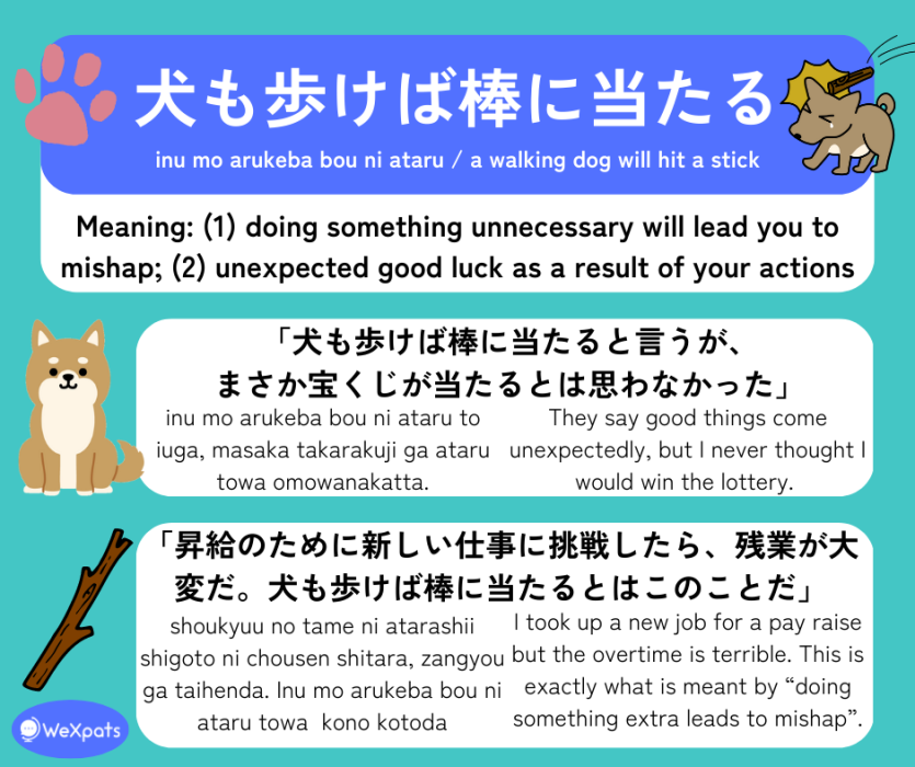 japanese proverb 犬も歩けば棒に当たる / inu mo arukeba bou ni ataru / a walking dog will hit a stick