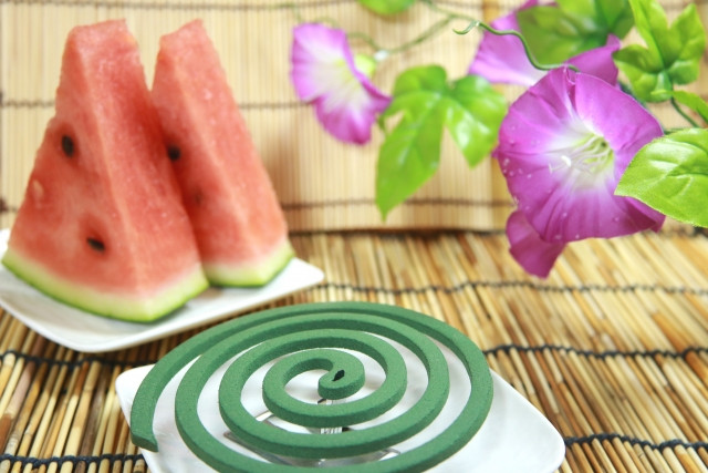 image of japanese summer with mosquito coil and watermelon slices